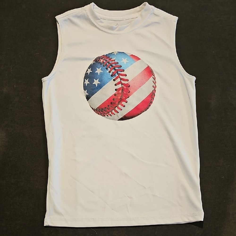 B1G1! Sleeveless White Shirt with American Flag Baseball Design